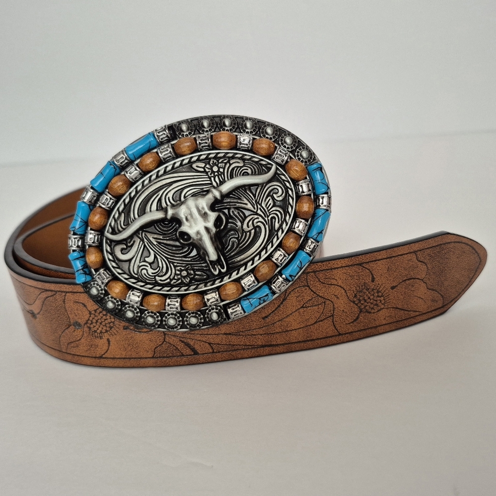 Western Style Brown Tooled PU Leather Belt Longhorn Buckle S / M Coastal Cowgirl